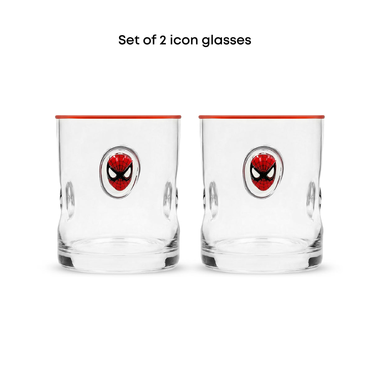 Set of 2 clear glass tumblers with a red rim and a Spider-Man face icon printed on the front, shown on a white background with the text 'Set of 2 icon glasses' above.
