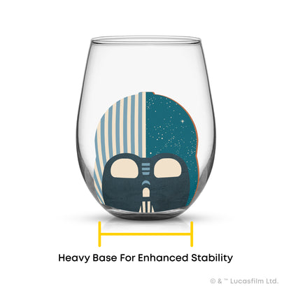 The Darth Vader stemless glass shown with its shape highlighting its heavy base is stable on surfaces.