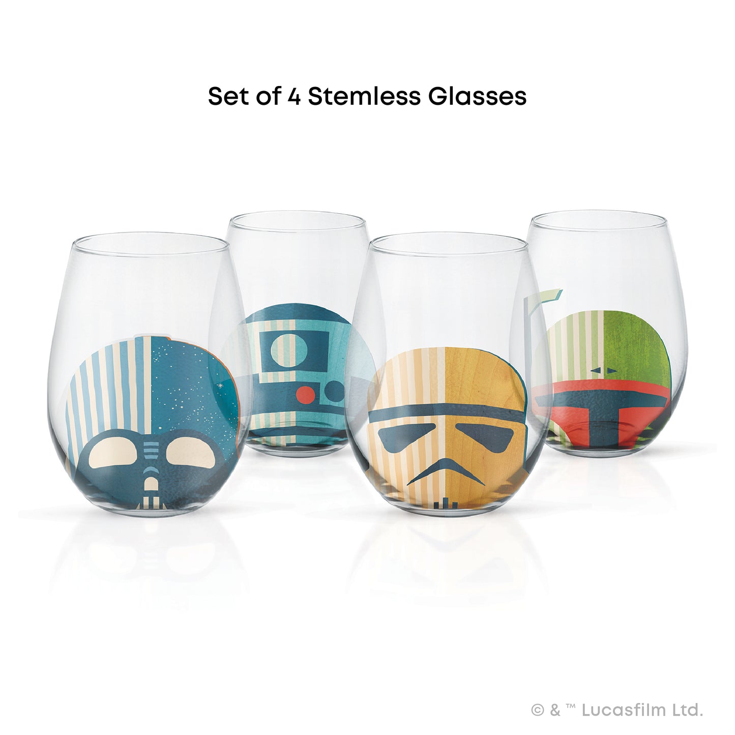 Set of 4 stemless wine glasses with colorful Star Wars character helmet designs on a white background, each glass showing either R2-D2, darth vader, stormtrooper, or boba fett.