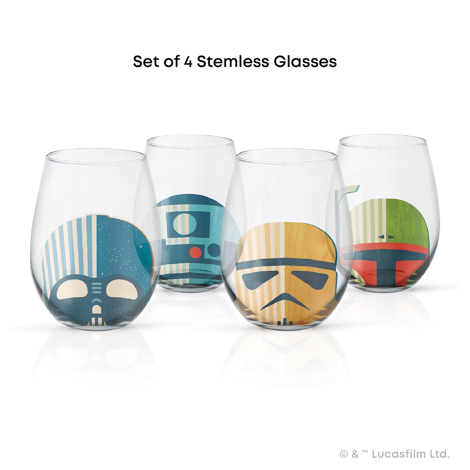 Set of 4 stemless wine glasses with colorful Star Wars character helmet designs on a white background, each glass showing either R2-D2, darth vader, stormtrooper, or boba fett.