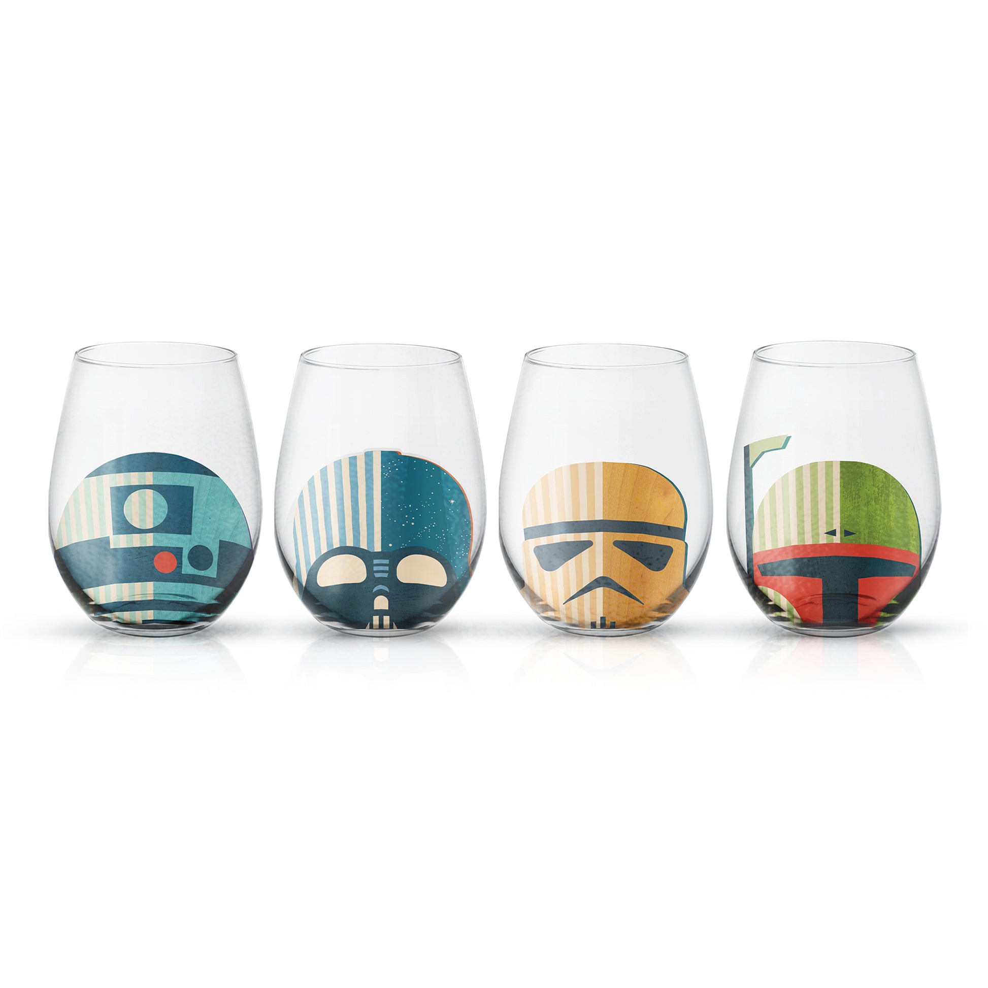 Four stemless wine glasses with colorful Star Wars character helmet designs on a white background, each glass showing either R2-D2, darth vader, stormtrooper, or boba fett.