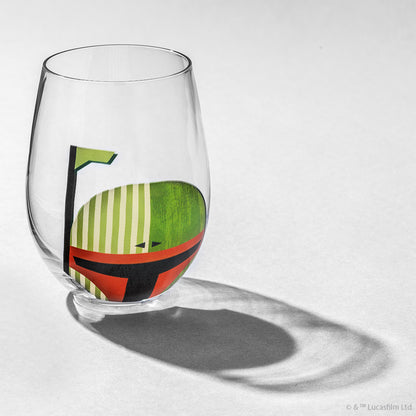 A stemless clear glass with Boba Fett helmet design against a white background.