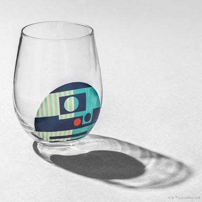 A stemless clear glass with R2-D2 helmet design against a white background.
