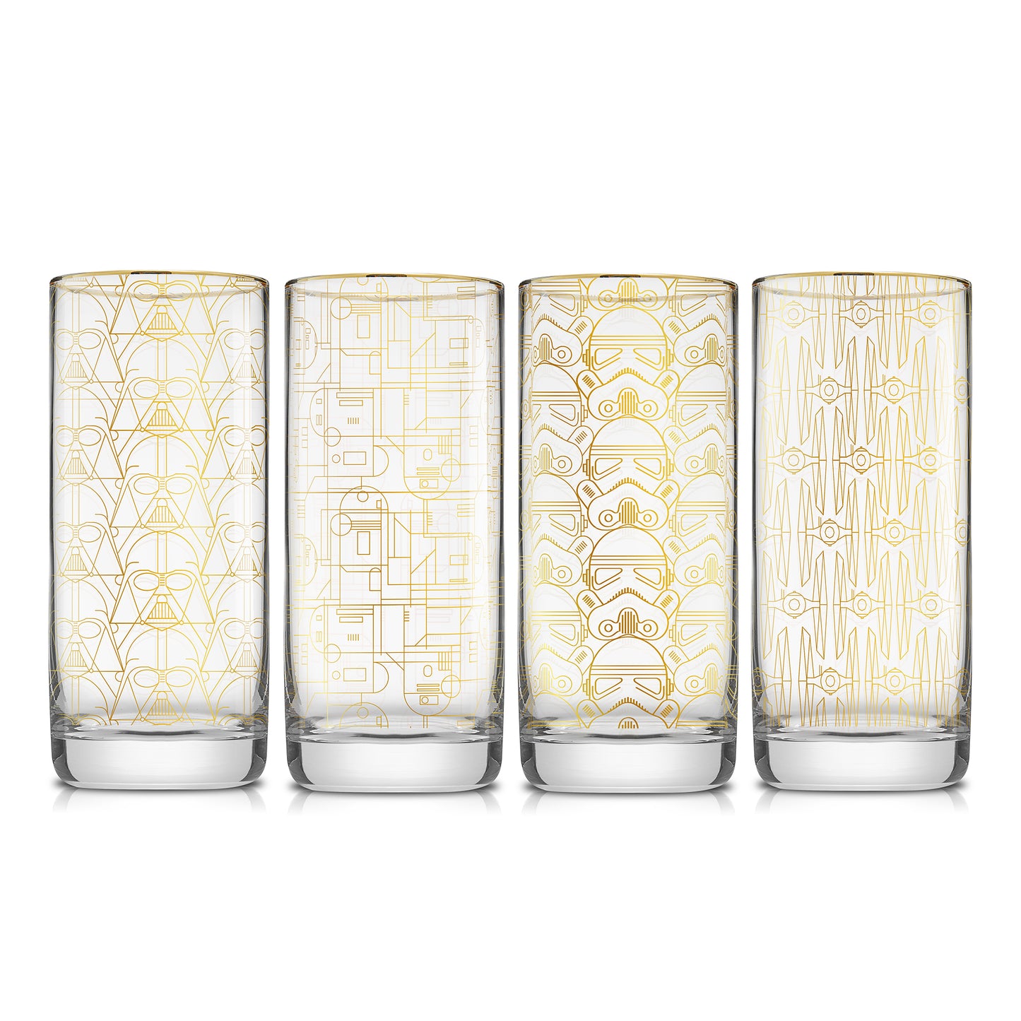 Set of 4 gold outlined star wars tall glasses featuring darth vader, stormtrooper, tie fighter, r2d2.