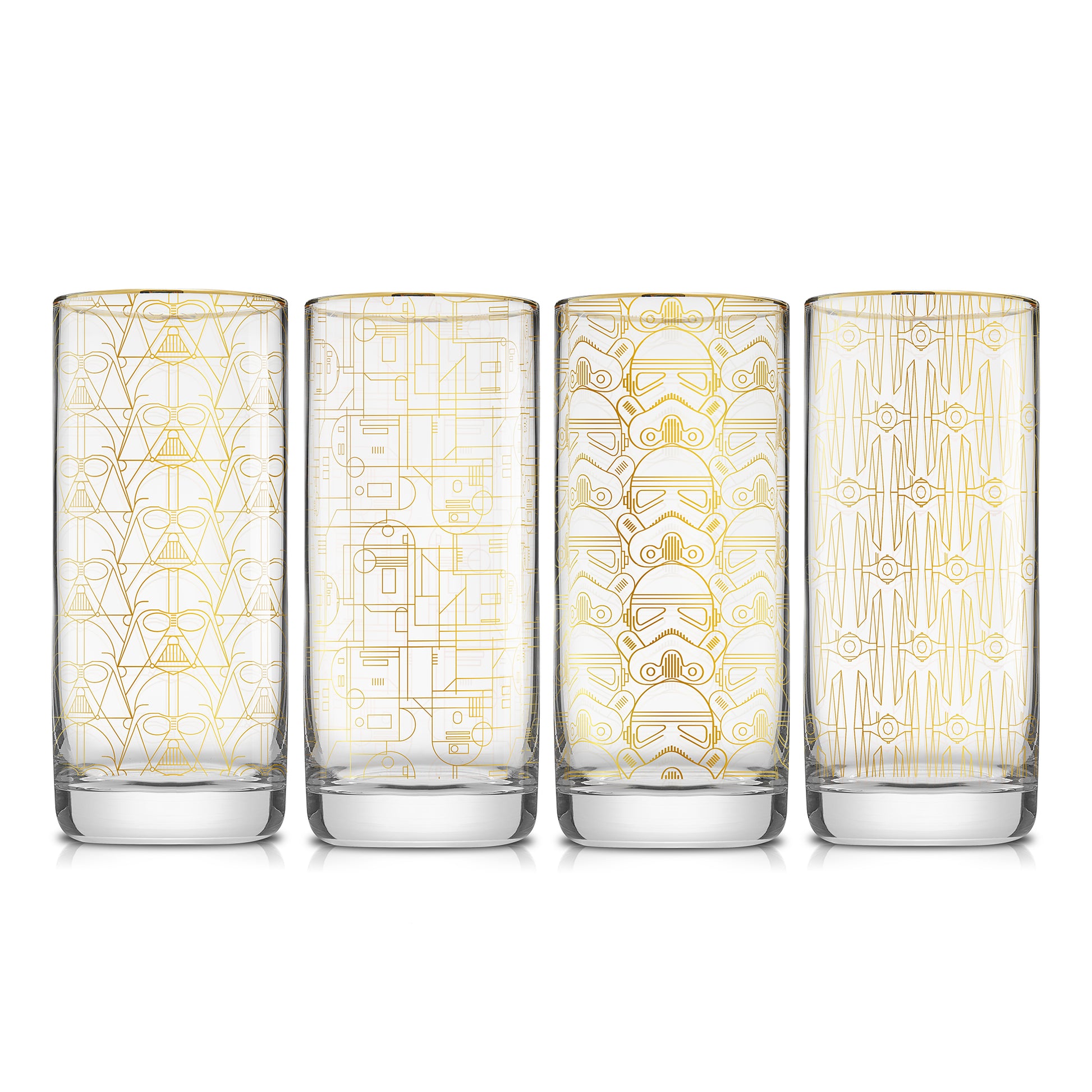 Set of 4 gold outlined star wars tall glasses featuring darth vader, stormtrooper, tie fighter, r2d2.