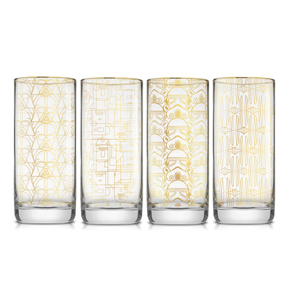 Set of 4 gold outlined star wars tall glasses featuring darth vader, stormtrooper, tie fighter, r2d2.
