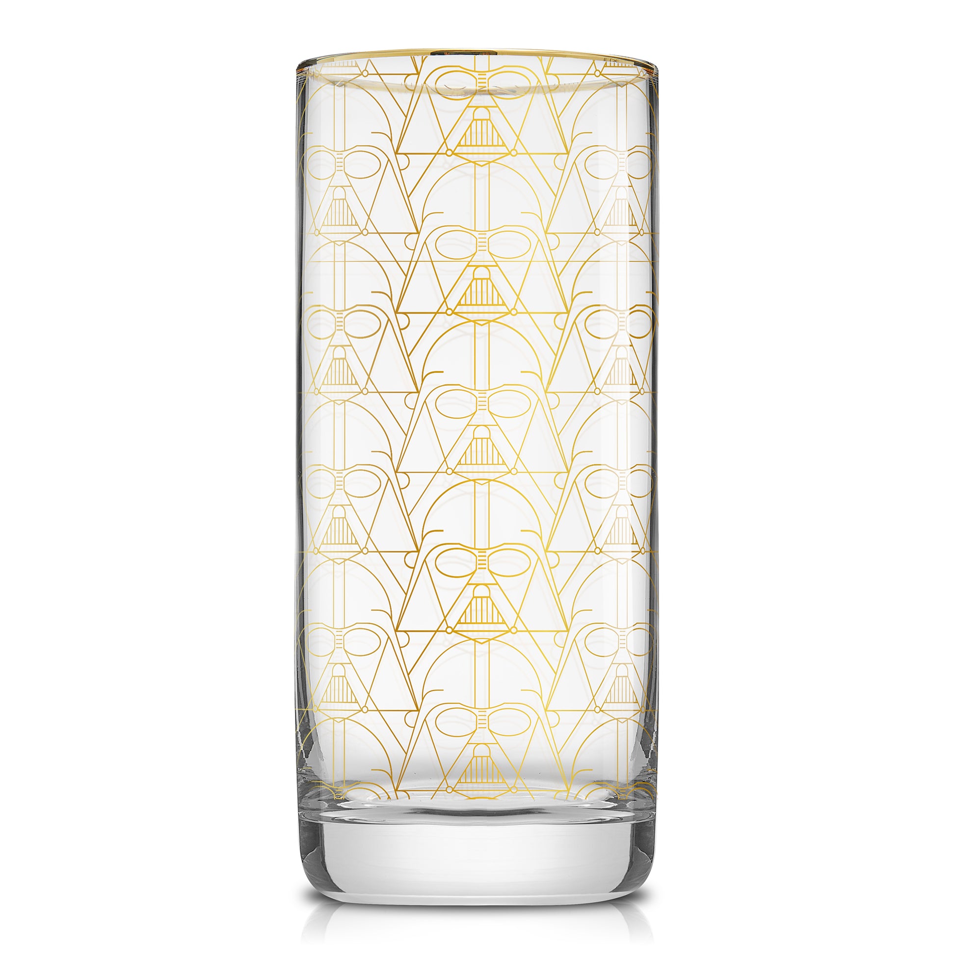 Gold outlined star wars tall glass featuring darth vader.