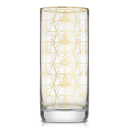 Gold outlined star wars tall glass featuring darth vader.