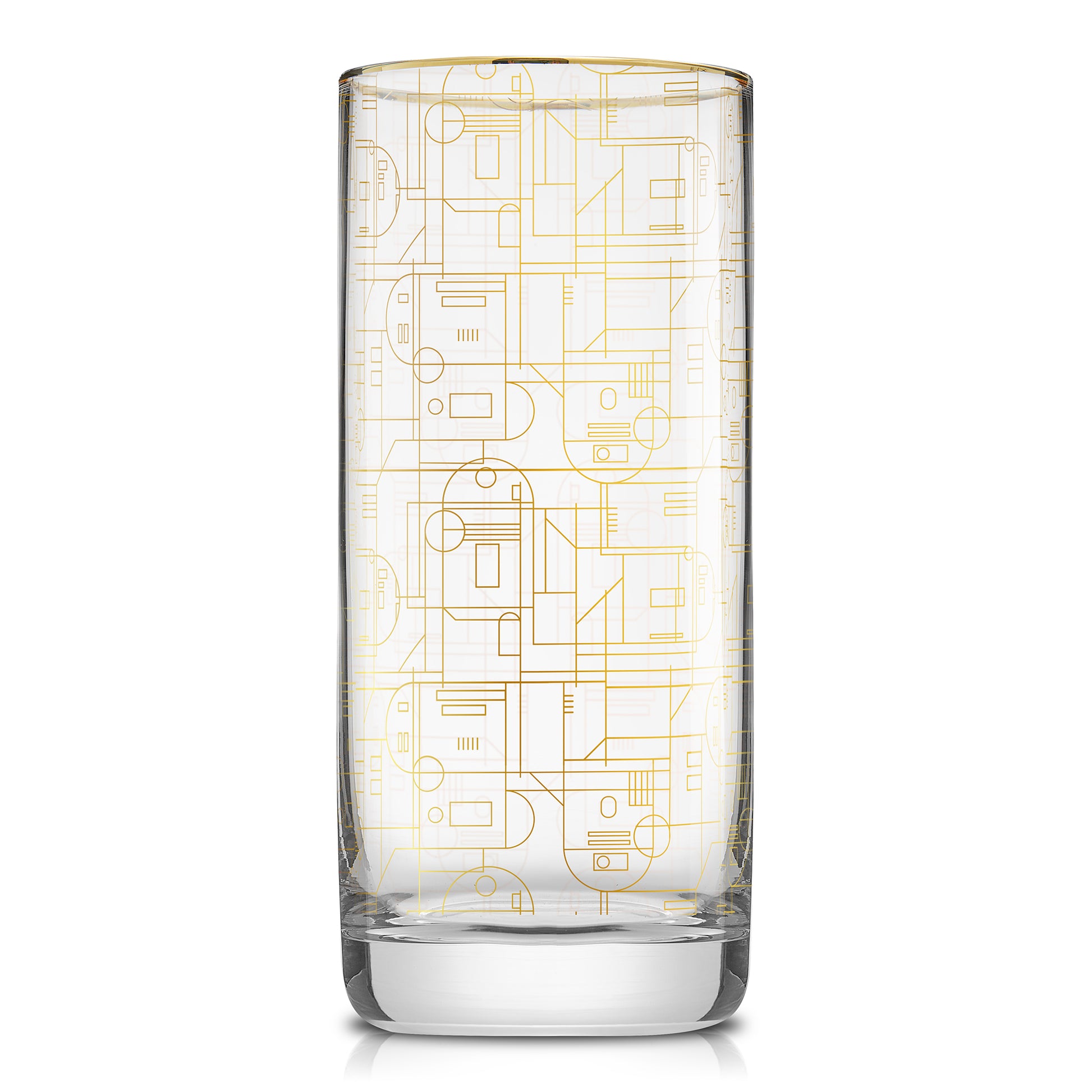Gold outlined star wars tall glass featuring R2-D2.