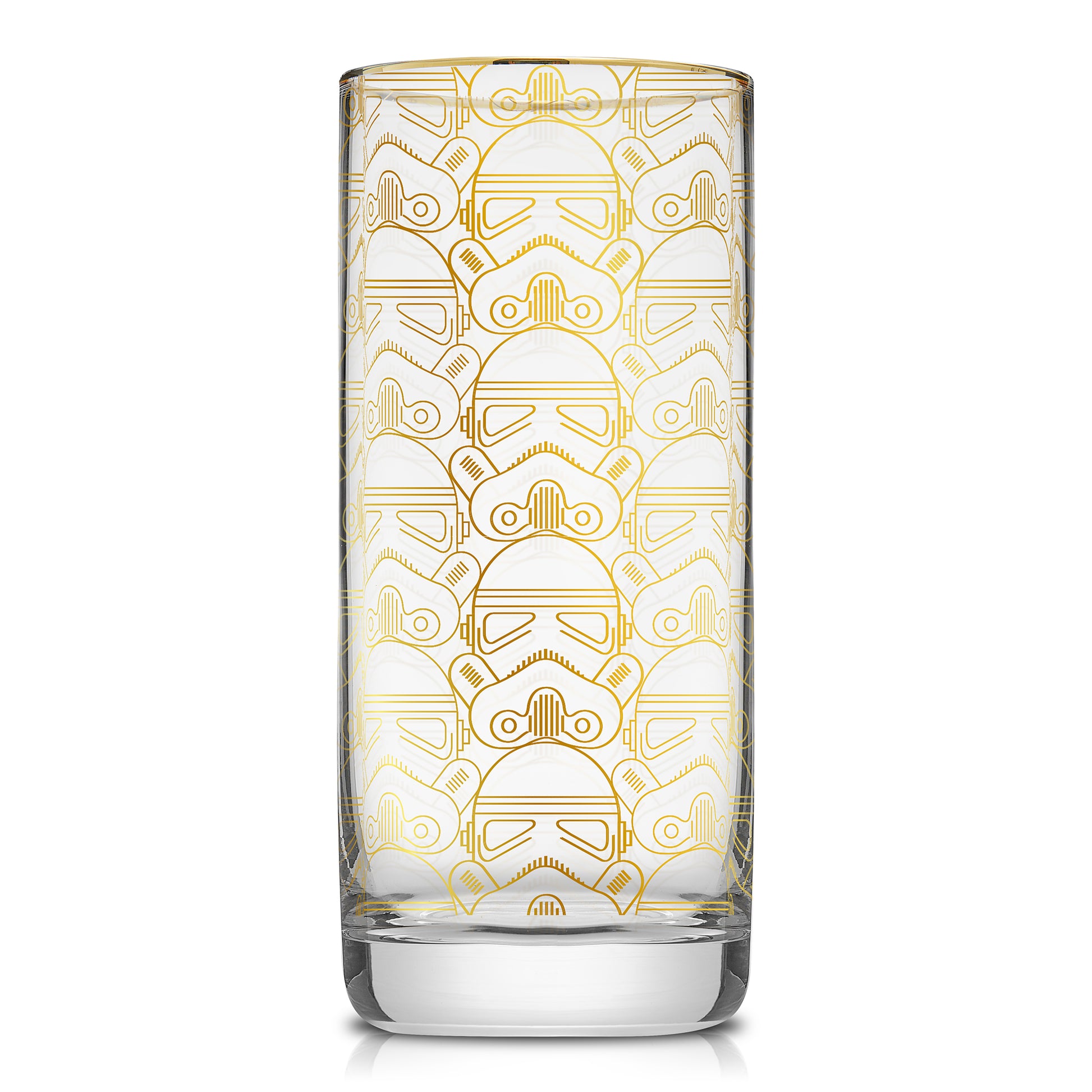 Gold outlined star wars tall glass featuring a stormtrooper.