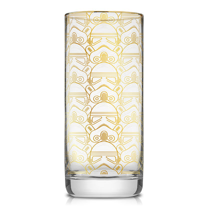 Gold outlined star wars tall glass featuring a stormtrooper.