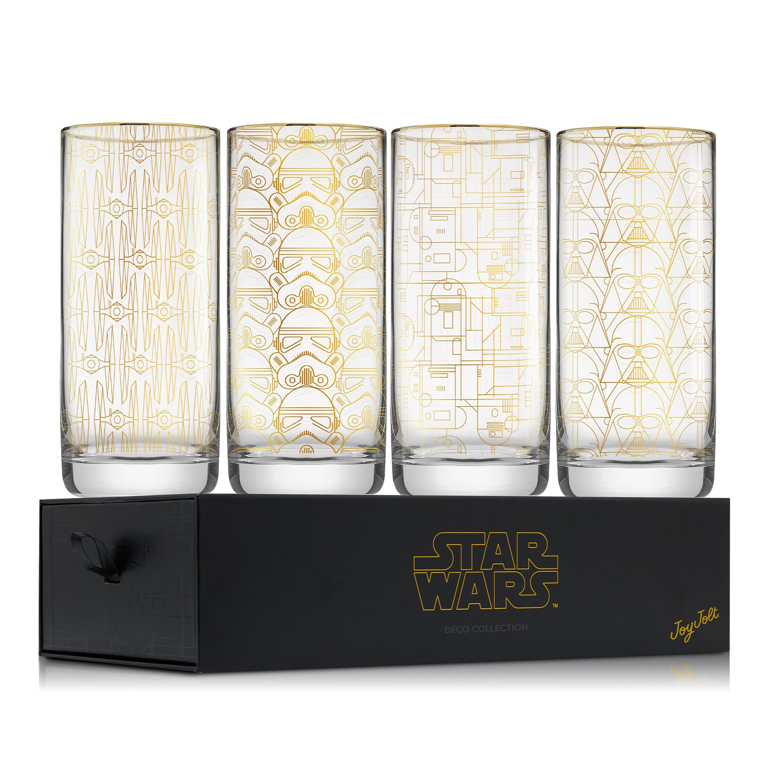 Four glass tumblers with gold geometric patterns on a black Star Wars branded box.