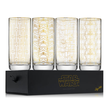 Four glass tumblers with gold geometric patterns on a black Star Wars branded box.