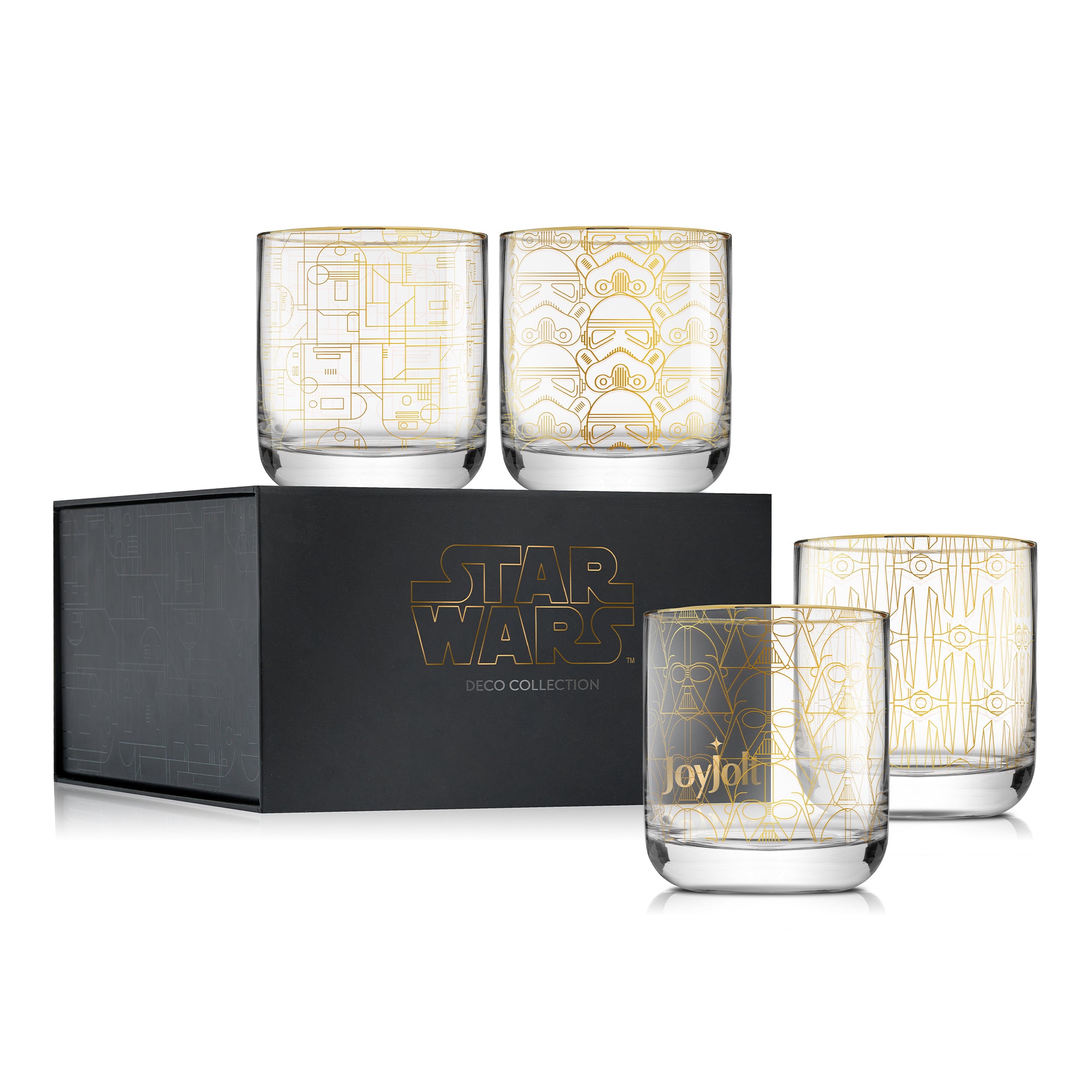 Star Wars Icons: Darth Vader, R2-D2, TIE Fighter, Stormtrooper deco style double old fashion glasses. 