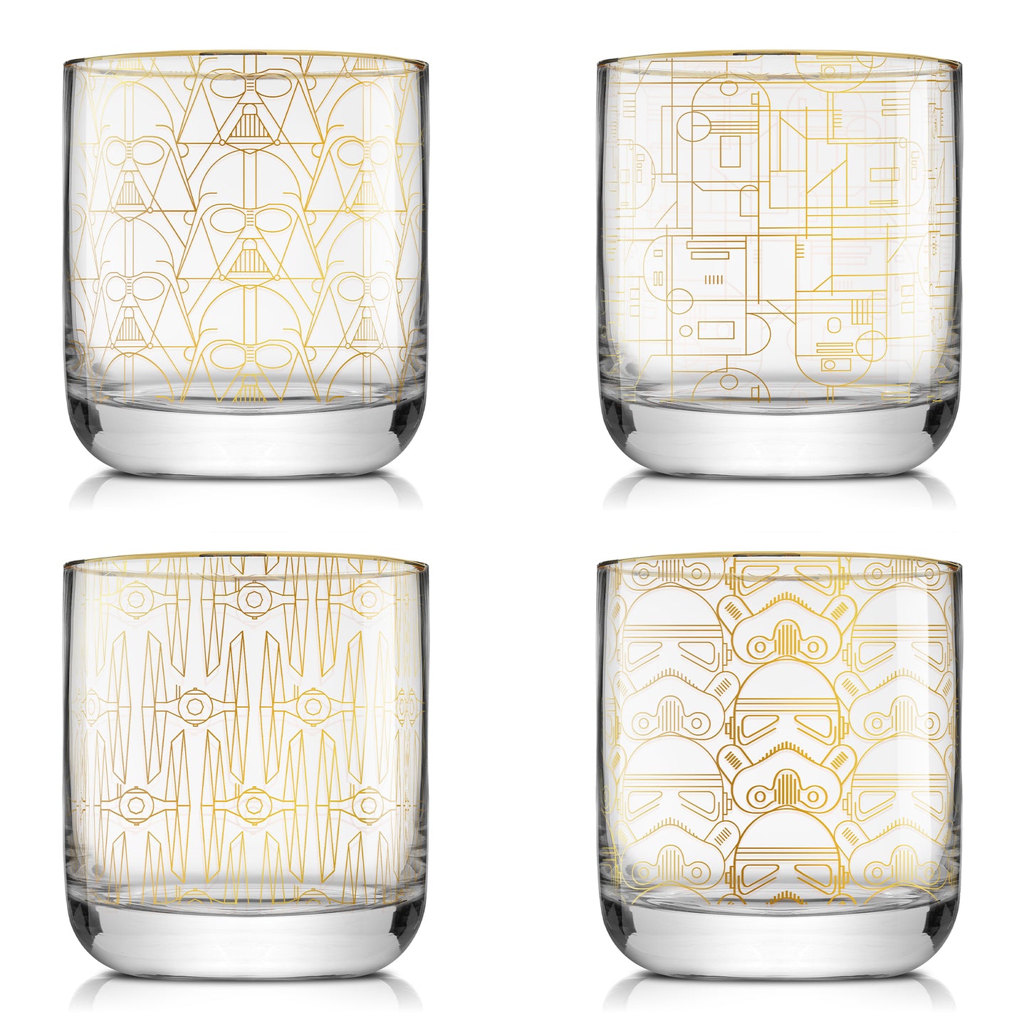 Star Wars Icons: Darth Vader, R2-D2, TIE Fighter, Stormtrooper deco style whiskey glasses. 