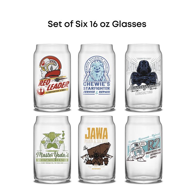 Star Wars themed can shaped drinking glasses in a retro style featuring Red Leader, Jawa, Chewbacca, R2D2, Yoda, and Darth Vader with text "set of 6 16oz glasses"