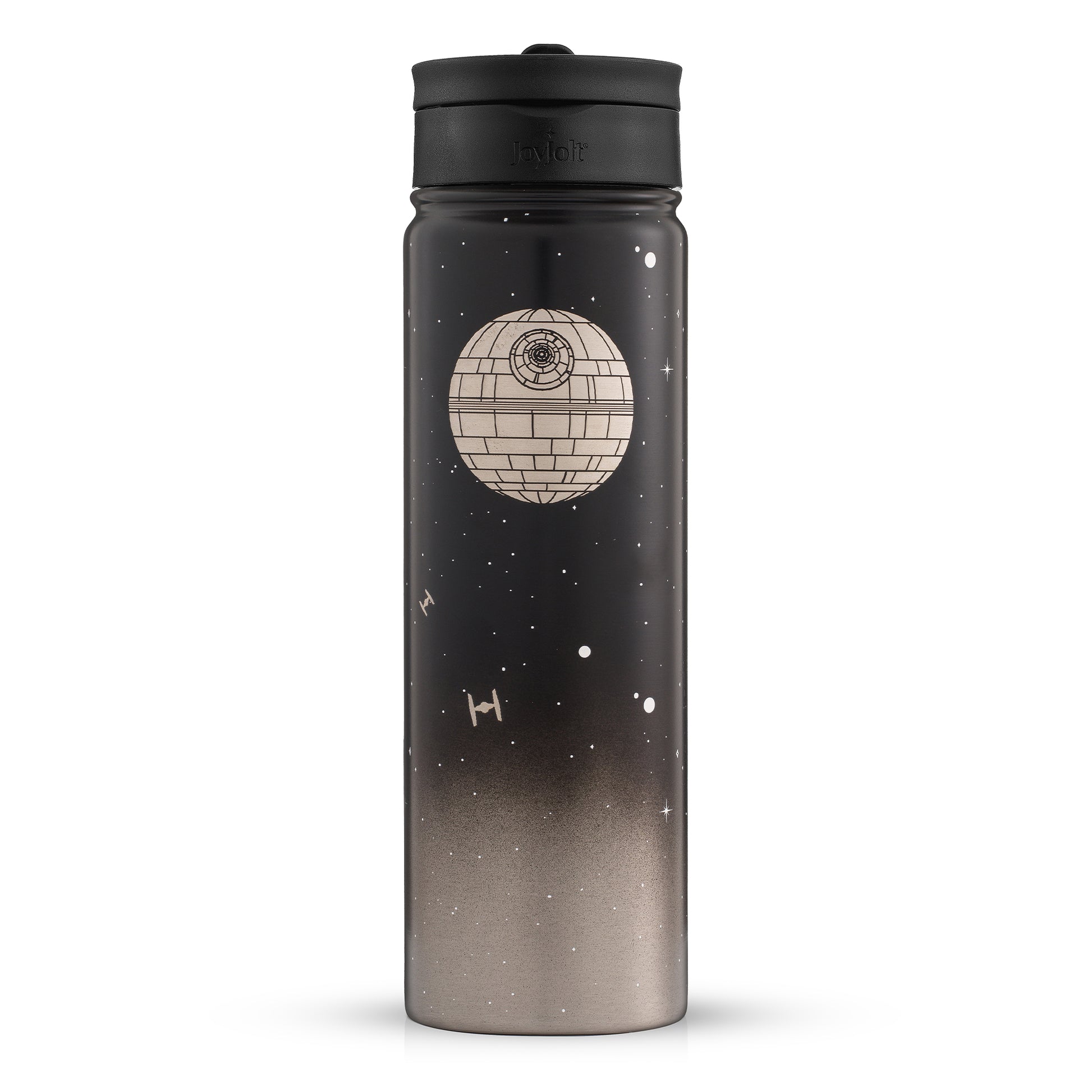 Black water bottle with Death Star logo on a white background
