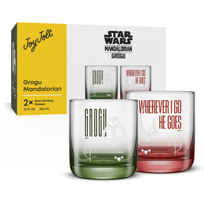 Two glass tumblers with text and a box labeled 'Star Wars Mandalorian Grogu' on a white background.