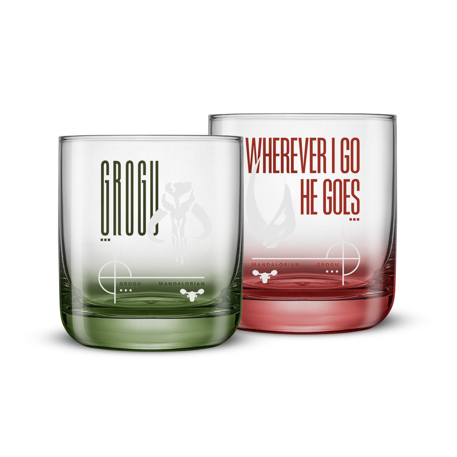 Set of two star wars glasses one with red colored base and the other green base with Grogu and Mandalorian text