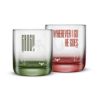 Set of two star wars glasses one with red colored base and the other green base with Grogu and Mandalorian text