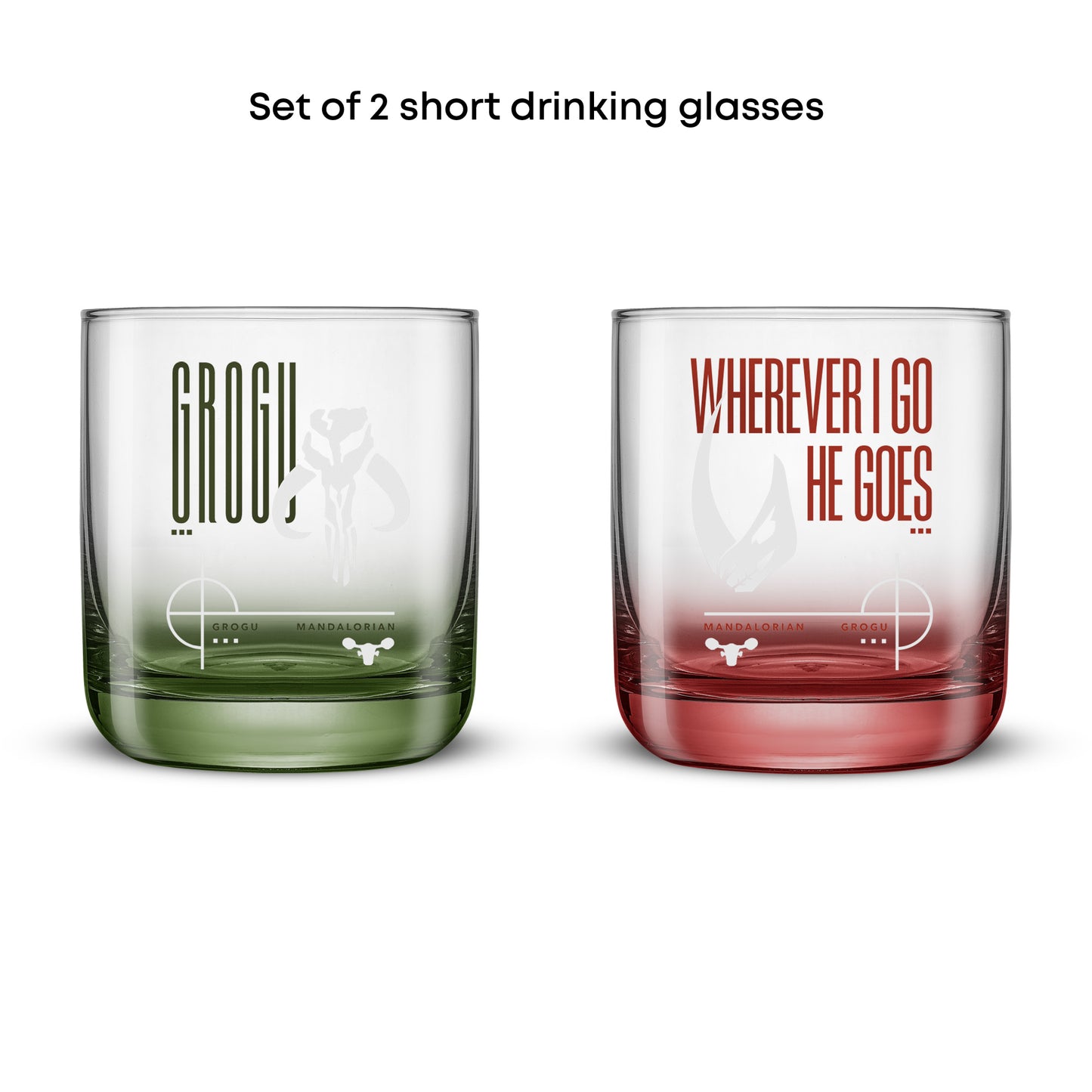 Set of 2 short drinking glasses with star wars text designs on a white background