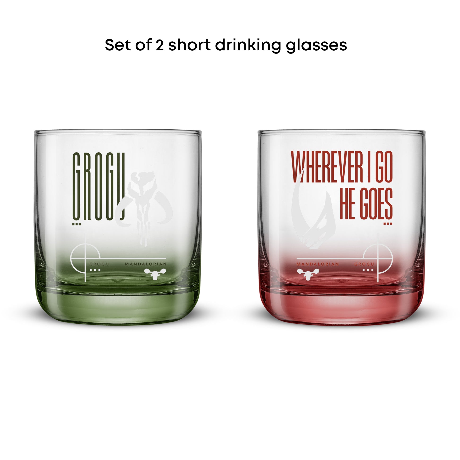 Set of 2 short drinking glasses with star wars text designs on a white background