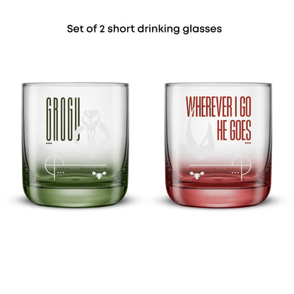 Set of 2 short drinking glasses with star wars text designs on a white background