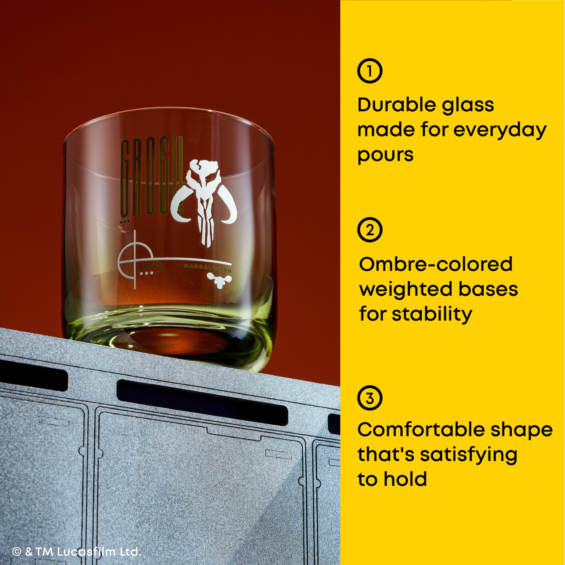 Short drinking glass with Grogu design on it with text: durable glass made for everyday pours, colored weighted bases for stability, shape thats comfortable to hold