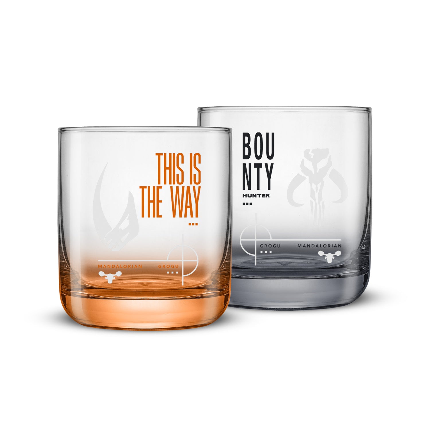 Set of 2 short Star Wars glasses with orange and grey bases with text Bounty and an iconic quote 'this is the way'