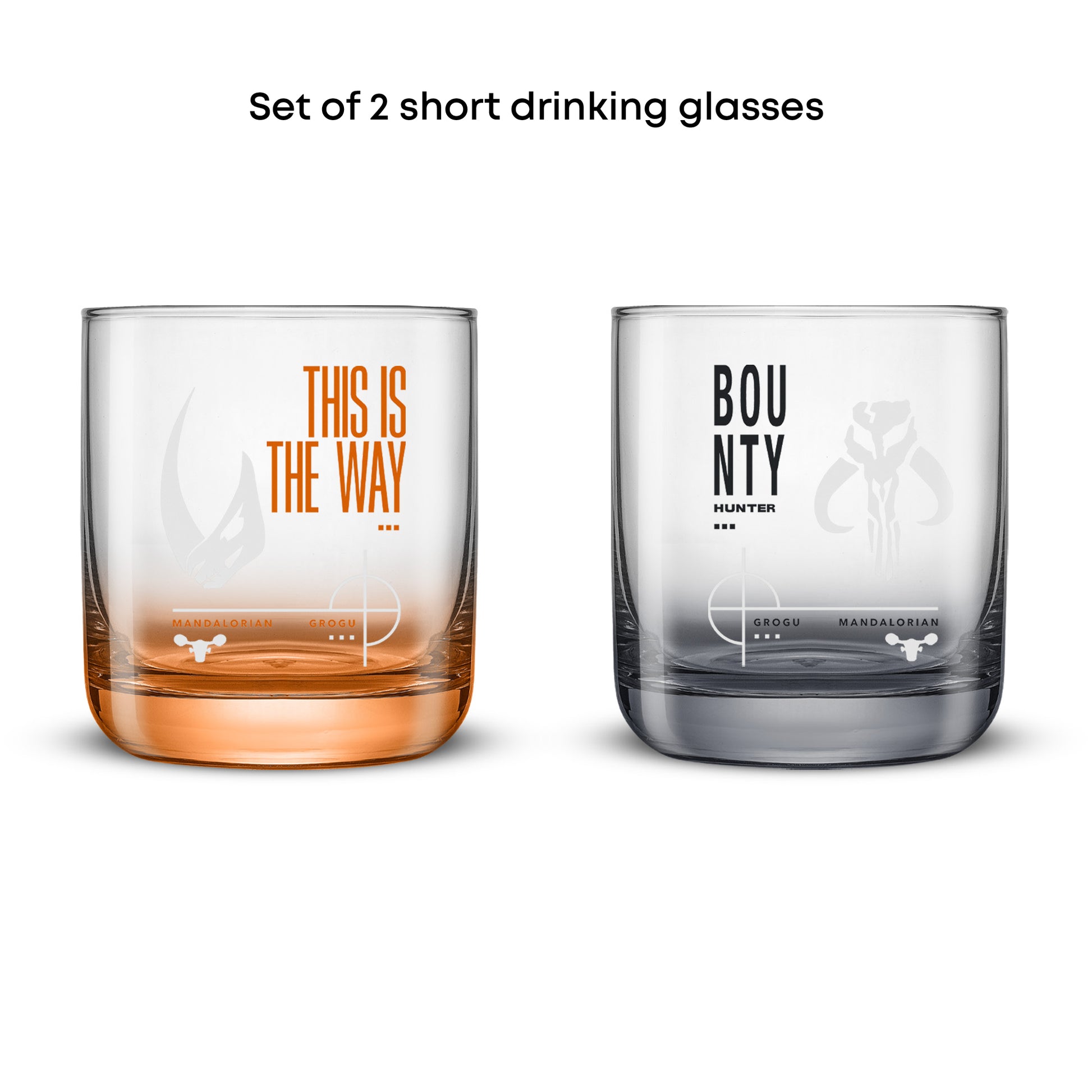 Set of 2 short star wars drinking glasses against a white background