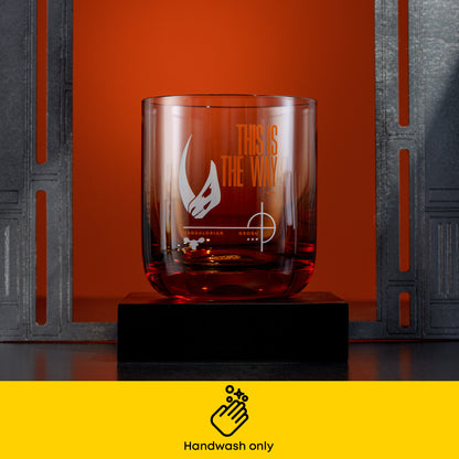 Short glass with orange base with text "this is the way" decal and handwash only icon