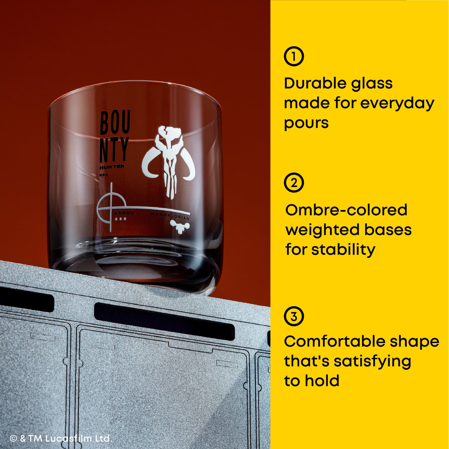 Bounty glass with grey base and text "durable glass for everyday pours, ombre color weighted bases for stability, comfortable shapes that is easy to hold"