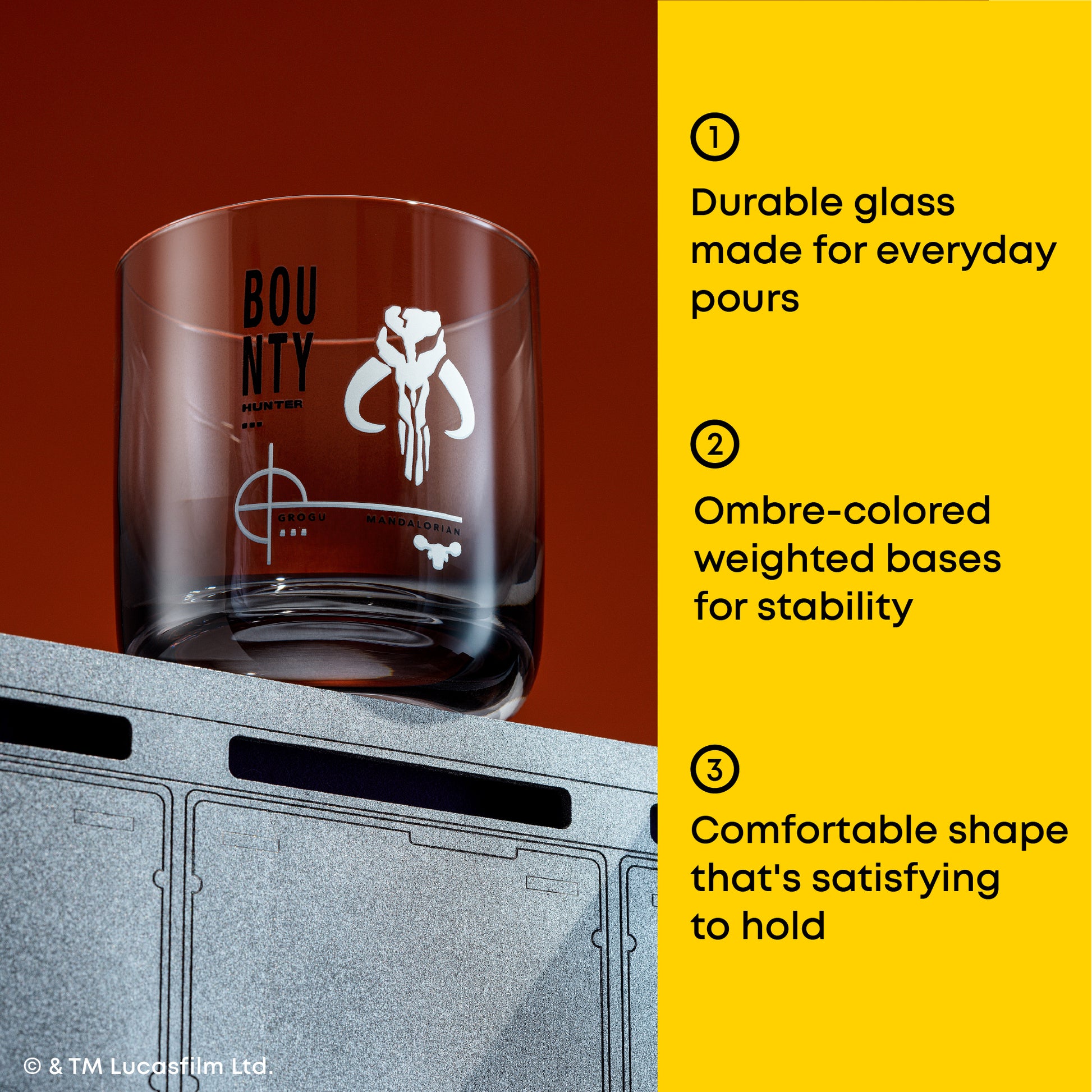 Bounty glass with grey base and text "durable glass for everyday pours, ombre color weighted bases for stability, comfortable shapes that is easy to hold"