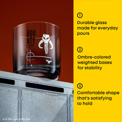Bounty glass with grey base and text "durable glass for everyday pours, ombre color weighted bases for stability, comfortable shapes that is easy to hold"