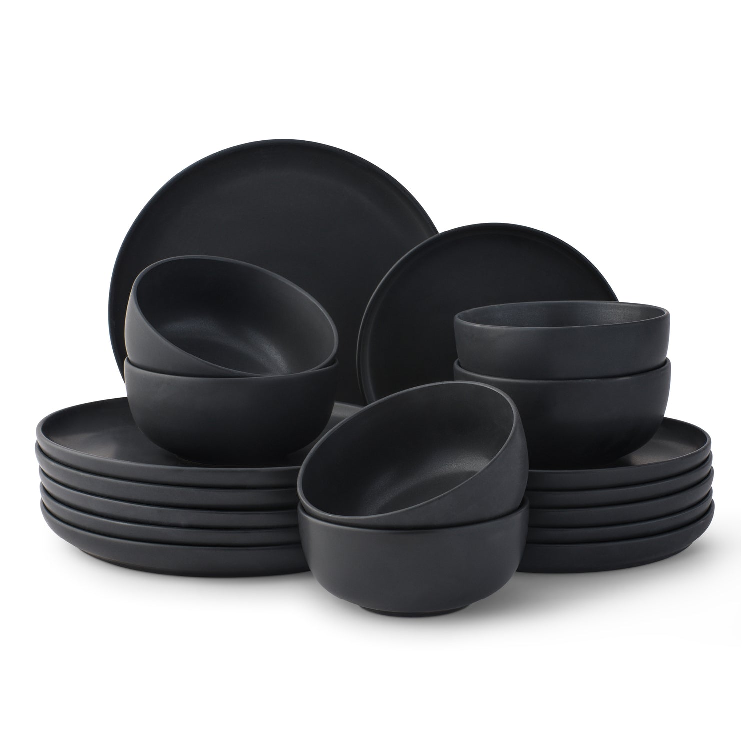Set of black dinnerware including bowls and plates on a white background