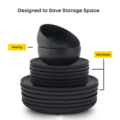 The full 18-piece dinnerware set is stacked upright from dinner plates, to salad plates, to bowls, with text: "designed to save storage space: nesting + stackable"