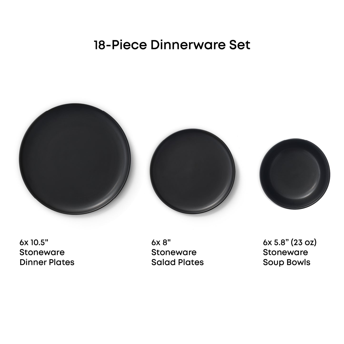 Dinner plate, salad plate, and soup bowl against a white background with measurements text:
"18-piece dinnerware set
6x10.5"dinner plates
6x8" salad plates
6x5.8" (23oz) soup bowls"