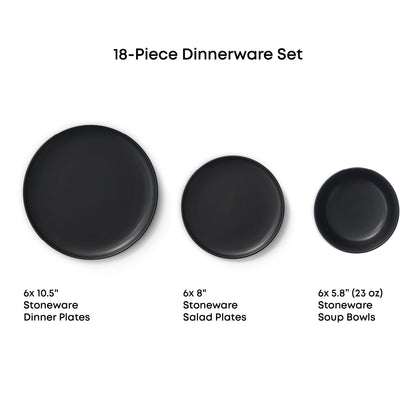 Dinner plate, salad plate, and soup bowl against a white background with measurements text:
"18-piece dinnerware set
6x10.5"dinner plates
6x8" salad plates
6x5.8" (23oz) soup bowls"
