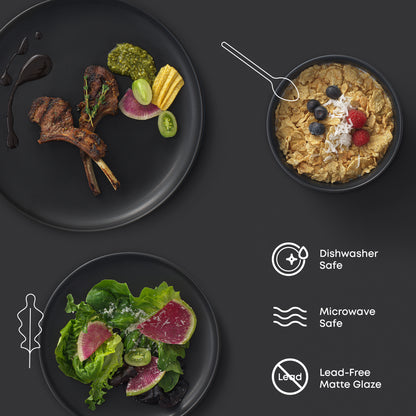 Lamb chop and veggies on a dinner plate, salad on the salad plate, and a grain bowl with berries in the cereal bowl. Text shows: "dishwasher and microwave safe, lead-free matte glaze."
