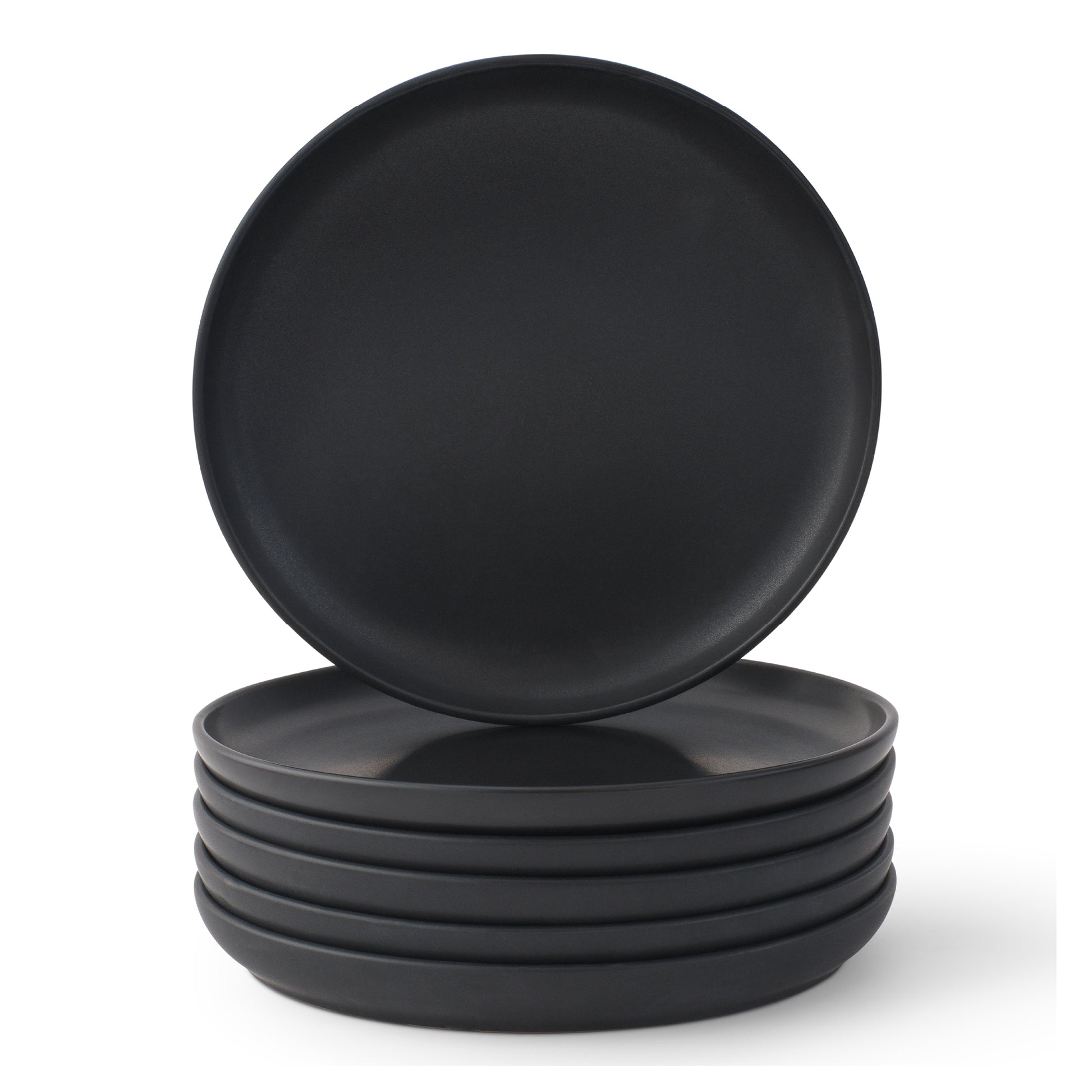 Set of six black plates on a white background