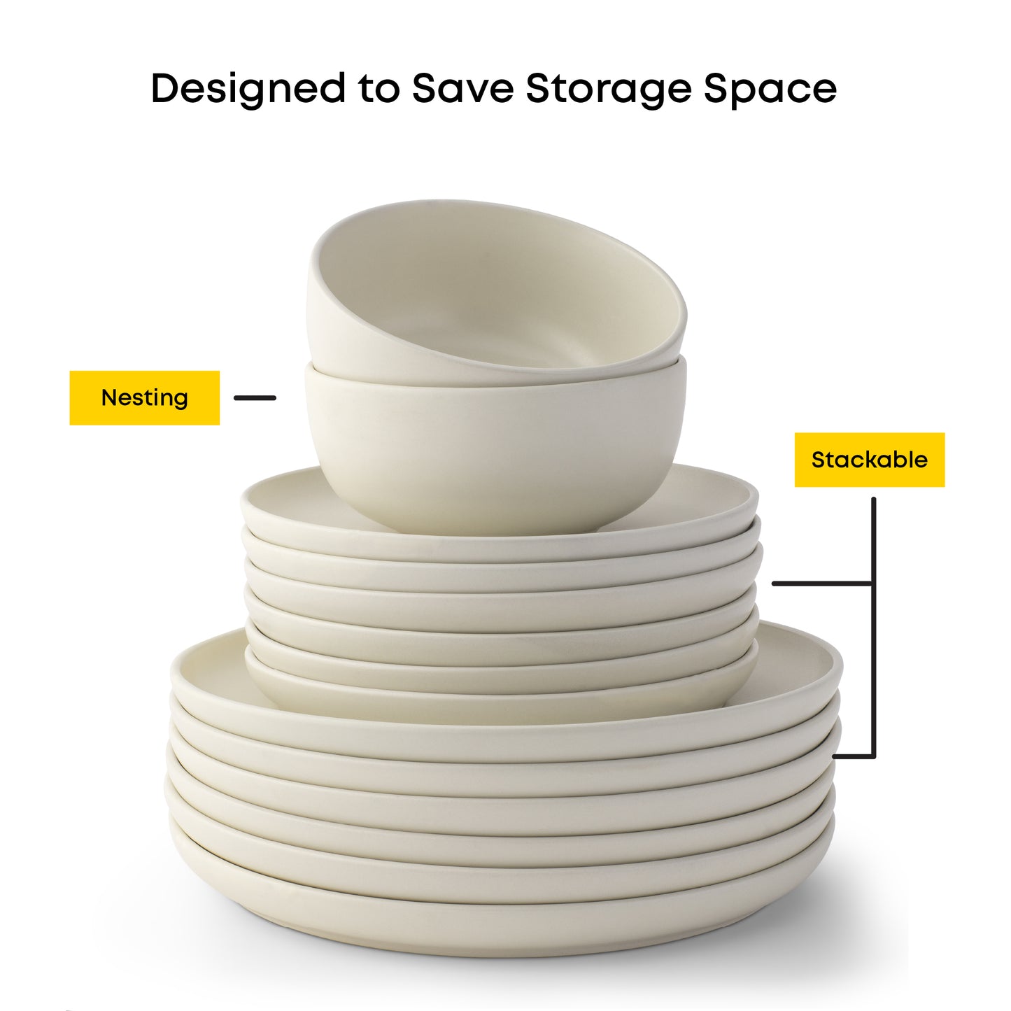 The full 18-piece dinnerware set is stacked upright from dinner plates, to salad plates, to bowls, with text: "designed to save storage space: nesting + stackable"