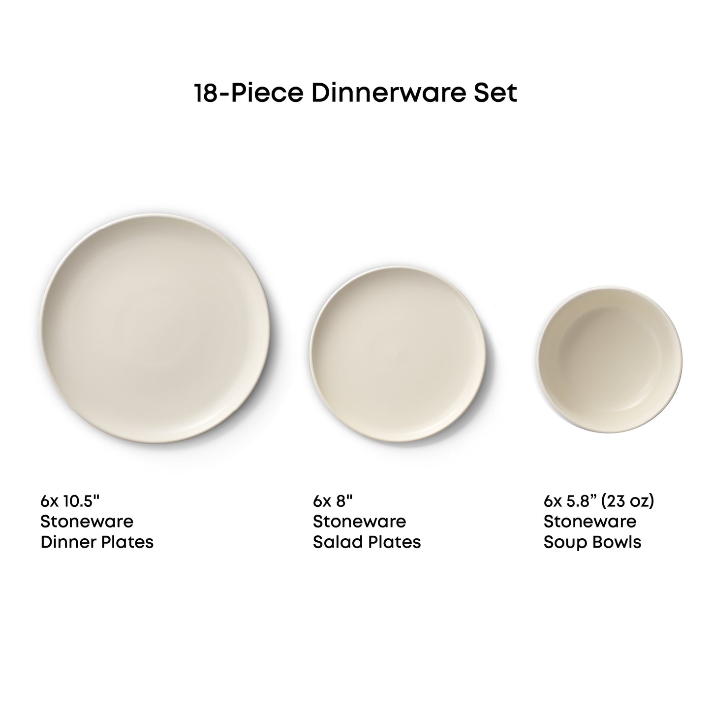 Dinner plate, salad plate, and soup bowl against a white background with measurements text:
"18-piece dinnerware set
6x10.5"dinner plates
6x8" salad plates
6x5.8" (23oz) soup bowls"