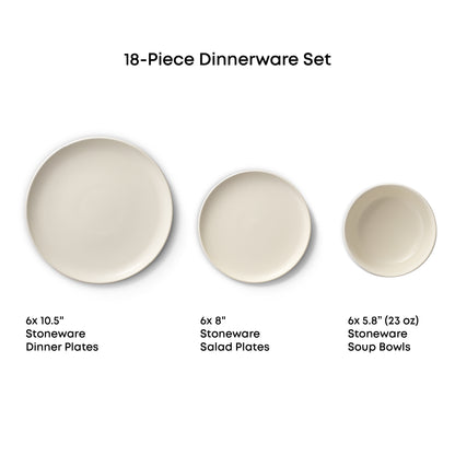 Dinner plate, salad plate, and soup bowl against a white background with measurements text:
"18-piece dinnerware set
6x10.5"dinner plates
6x8" salad plates
6x5.8" (23oz) soup bowls"