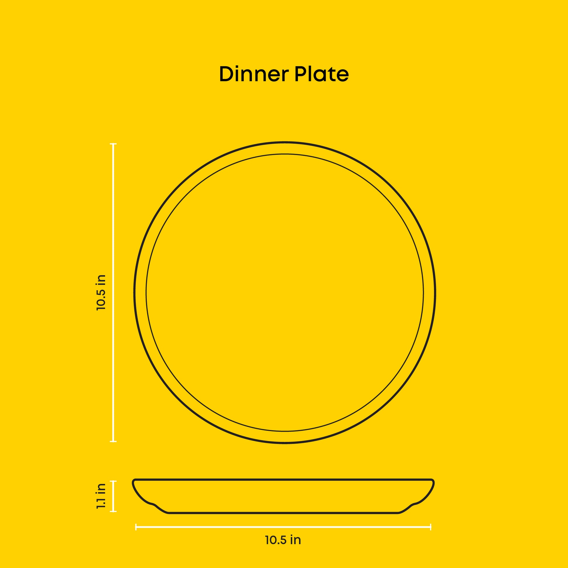 Outlined measurement chart of a dinner plate on a yellow background: 10.5" wide x 1.1" tall