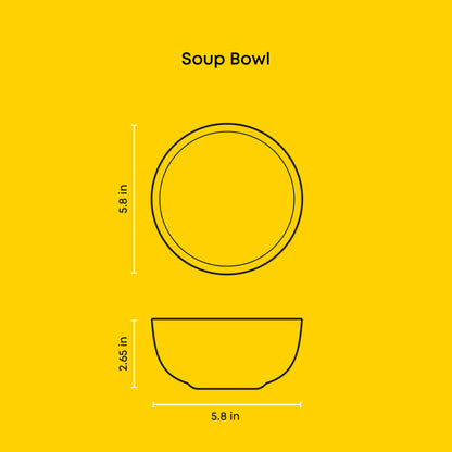 Outlined measurement chart of a soup bowl on a yellow background: 23oz, 5.8" wide x 2.65" tall