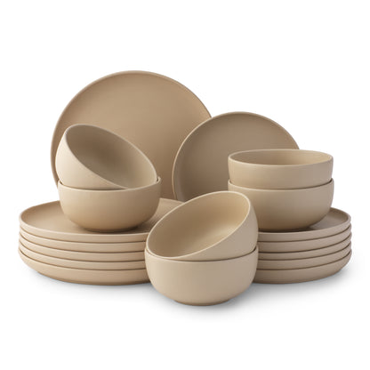 Set of beige dinnerware including bowls and plates on a white background