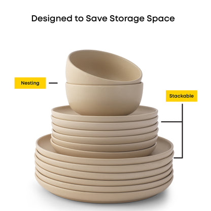 The full 18-piece dinnerware set is stacked upright from dinner plates, to salad plates, to bowls, with text: "designed to save storage space: nesting + stackable"