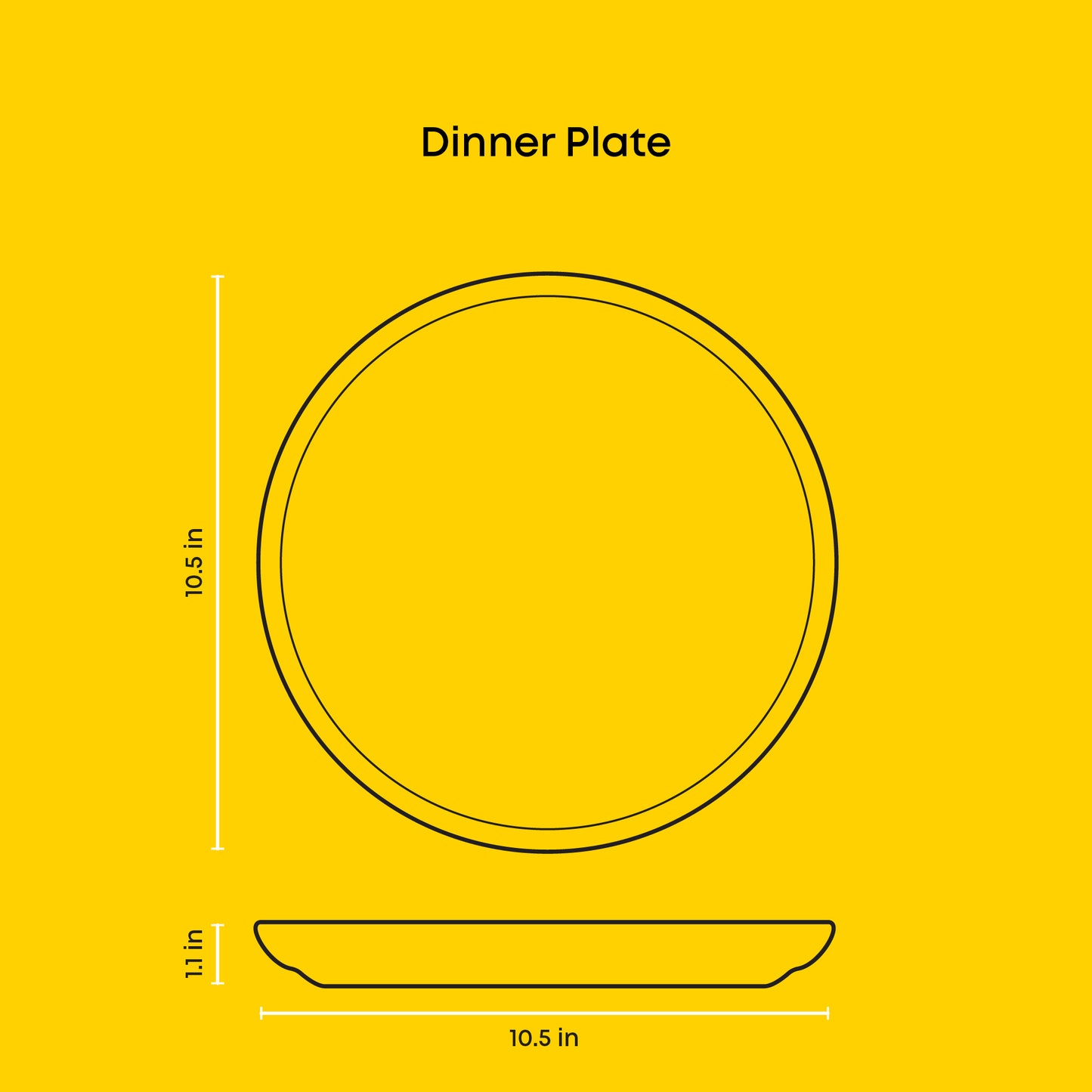 Outlined measurement chart of a dinner plate on a yellow background: 10.5" wide x 1.1" tall