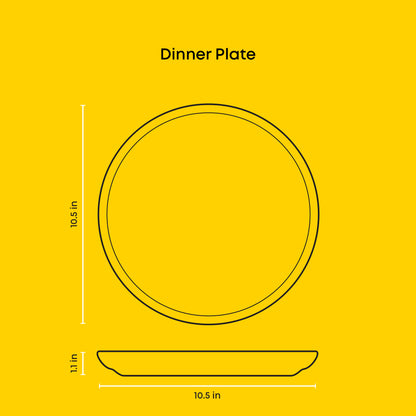 Outlined measurement chart of a dinner plate on a yellow background: 10.5" wide x 1.1" tall