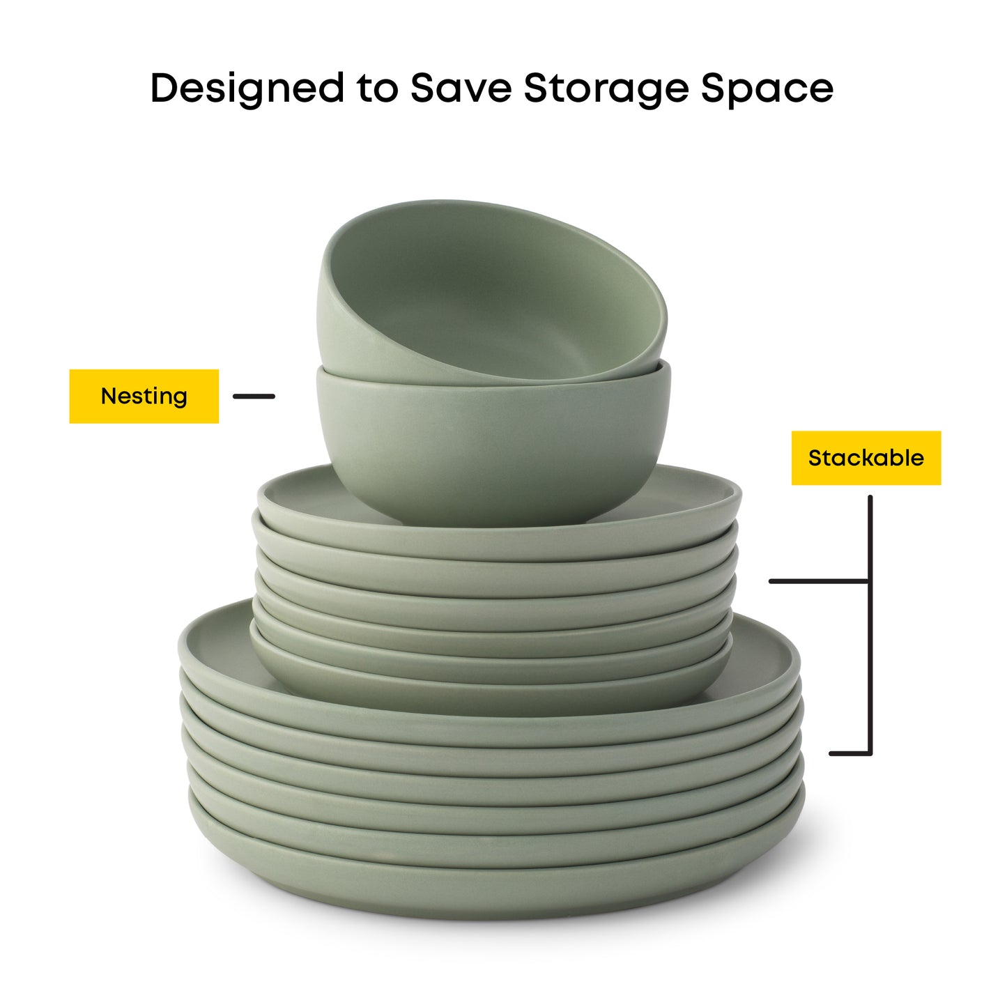 The full 18-piece dinnerware set is stacked upright from dinner plates, to salad plates, to bowls, with text: "designed to save storage space: nesting + stackable"